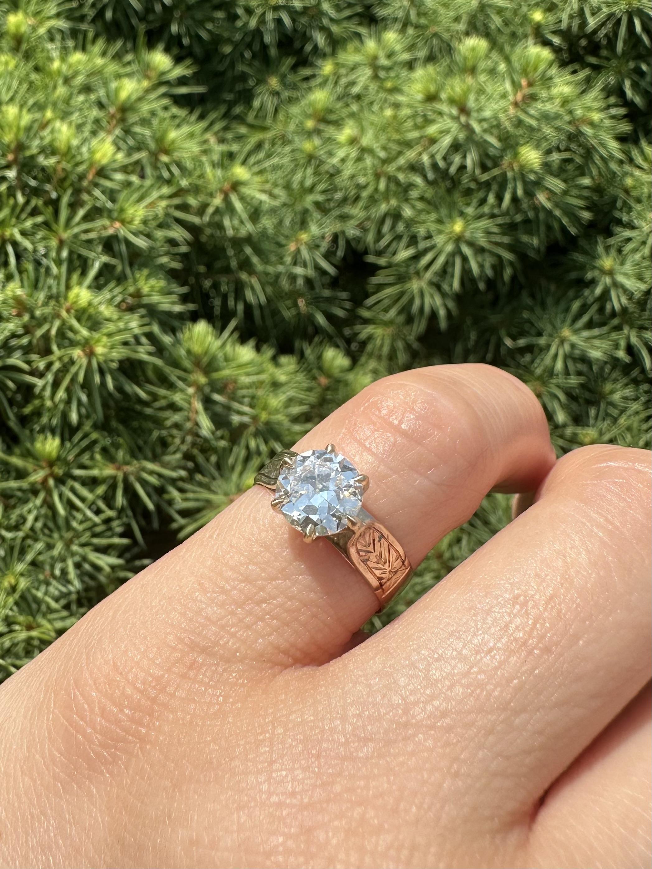 Bague de fiançailles ancienne en or victorien GIA 1,46ct diamant taille ancienne gravé à la main en vente 11