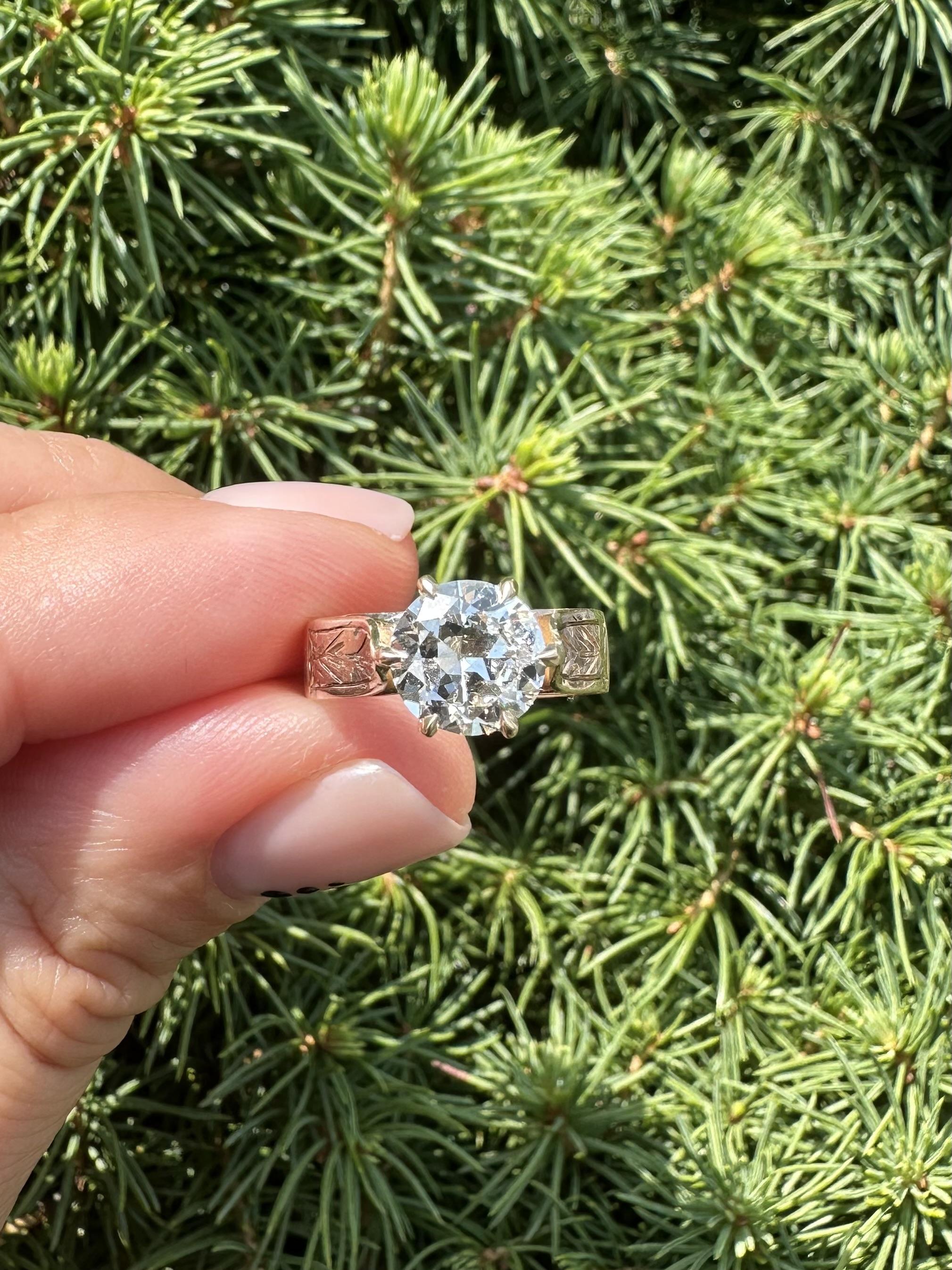 Bague de fiançailles ancienne en or victorien GIA 1,46ct diamant taille ancienne gravé à la main en vente 12