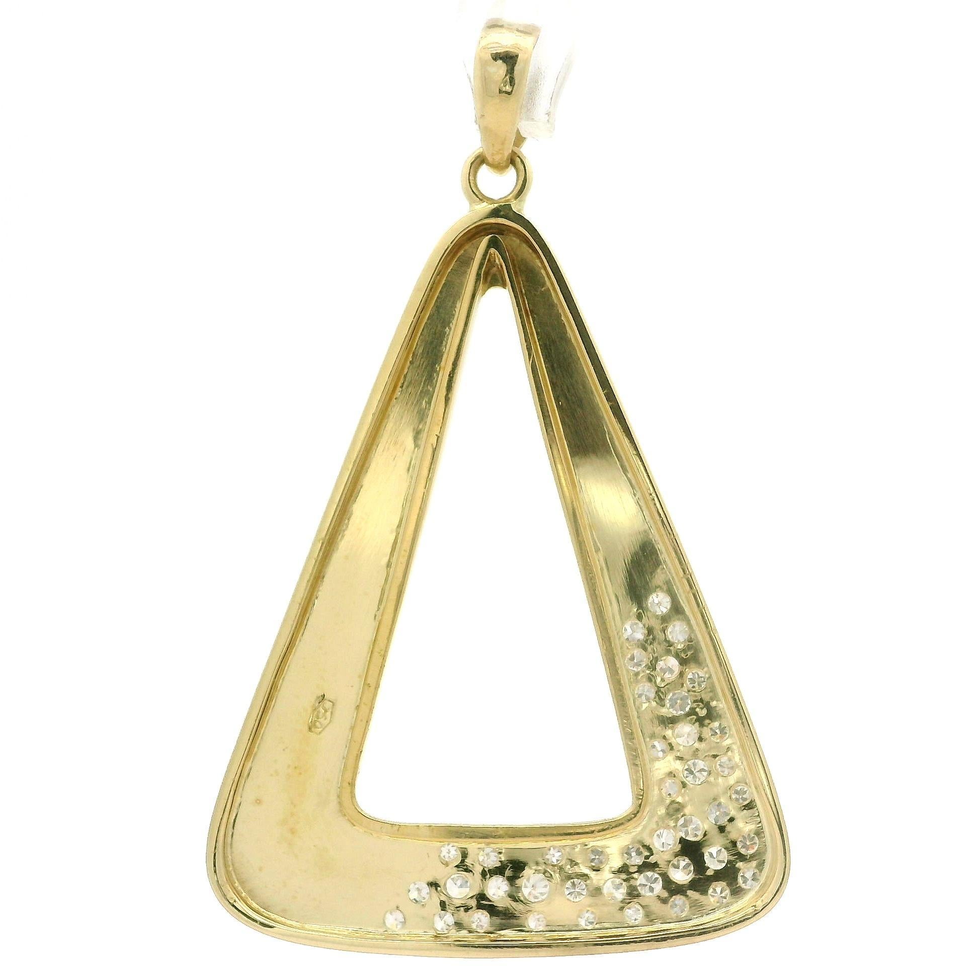 Brilliant Cut 18k Gold Pave Diamond Polished Large Open Triangular Geometric Swinging Pendant For Sale