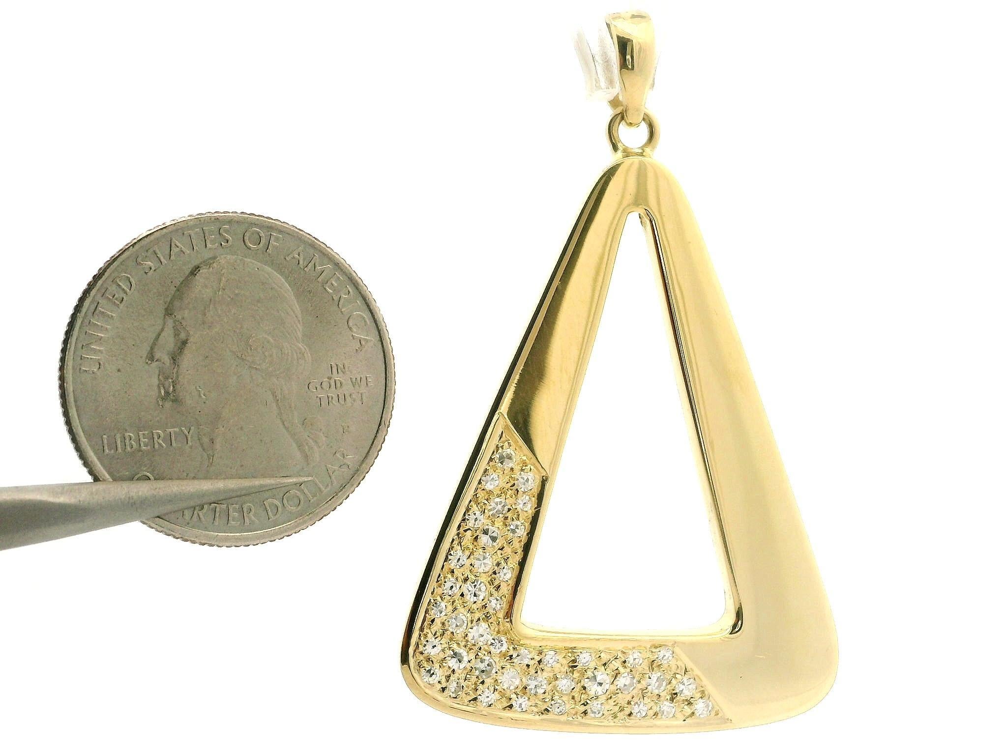 Women's 18k Gold Pave Diamond Polished Large Open Triangular Geometric Swinging Pendant For Sale