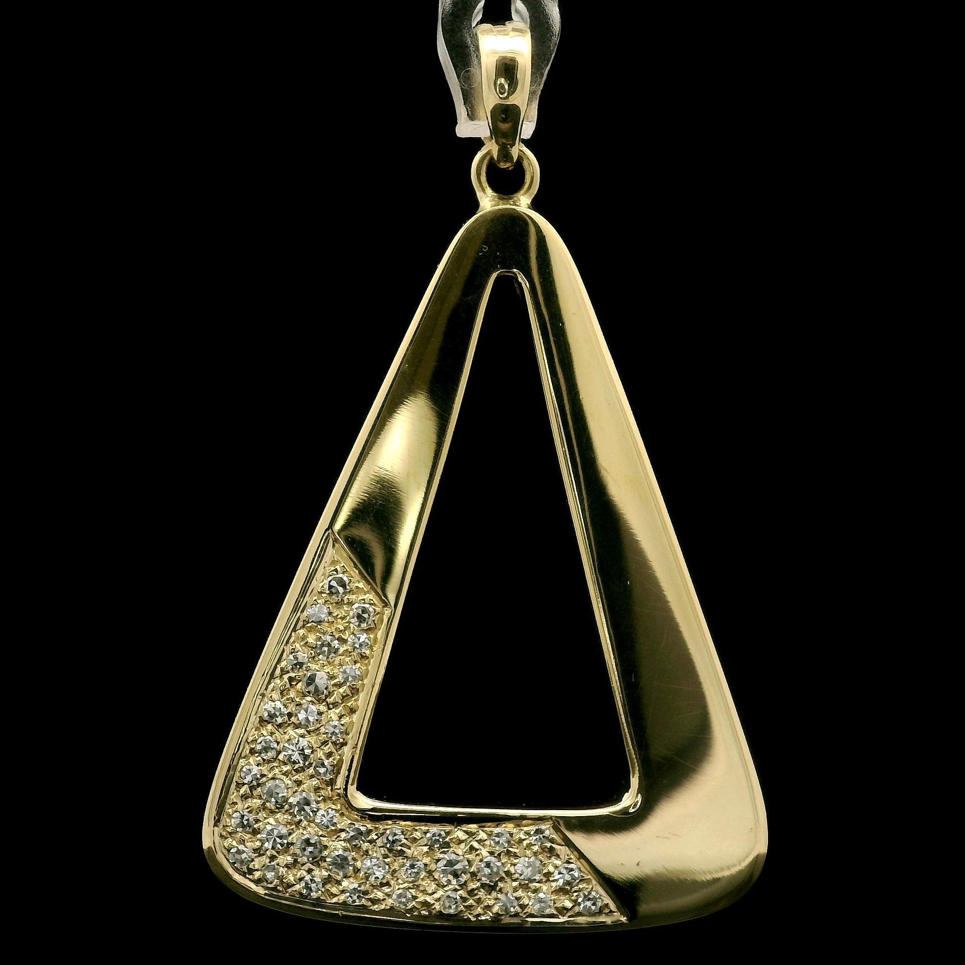 18k Gold Pave Diamond Polished Large Open Triangular Geometric Swinging Pendant For Sale 1