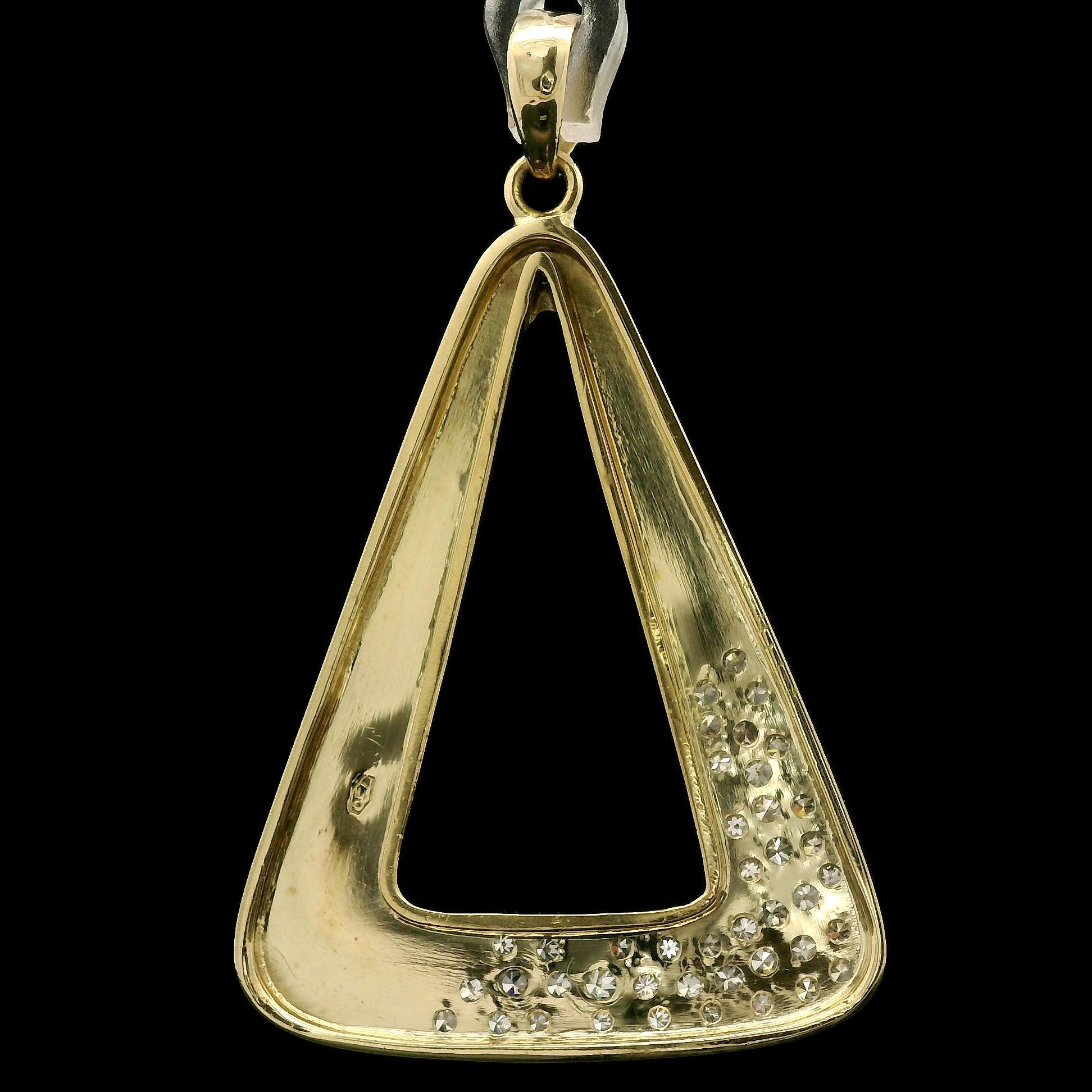 18k Gold Pave Diamond Polished Large Open Triangular Geometric Swinging Pendant For Sale 2