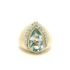 14k Yellow Gold Teardrop Bezel Set Blue Topaz & Diamond Wide Bombe Cocktail Ring