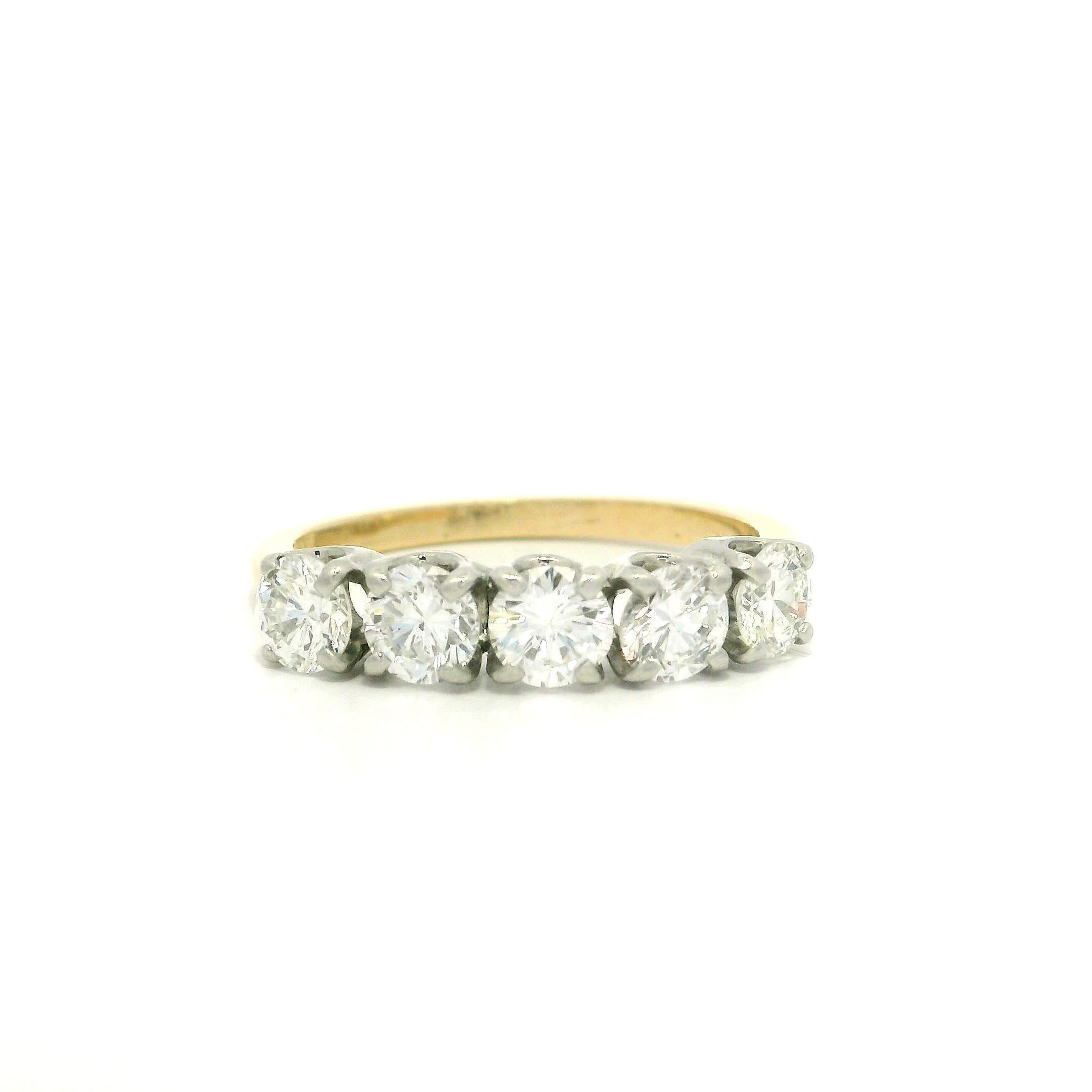 Anello vintage in oro giallo 14k e palladio con 5 diamanti da 1,40 ct. in vendita