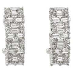 Elegant 18k White Gold 1.67ctw Round & Baguette Diamond Cuff Huggie Earrings