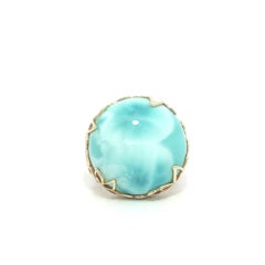 14k Yellow Gold Round Cabochon Larimar Solitaire Open Leaf Right Hand Ring
