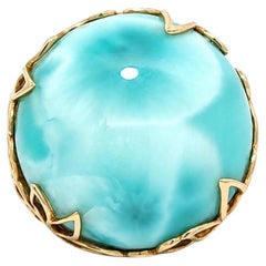 14k Yellow Gold Round Cabochon Larimar Solitaire Open Leaf Right Hand Ring