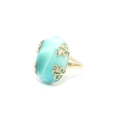 14k Yellow Gold Oval Cabochon Larimar Solitaire Open Leaf Prong Design Ring