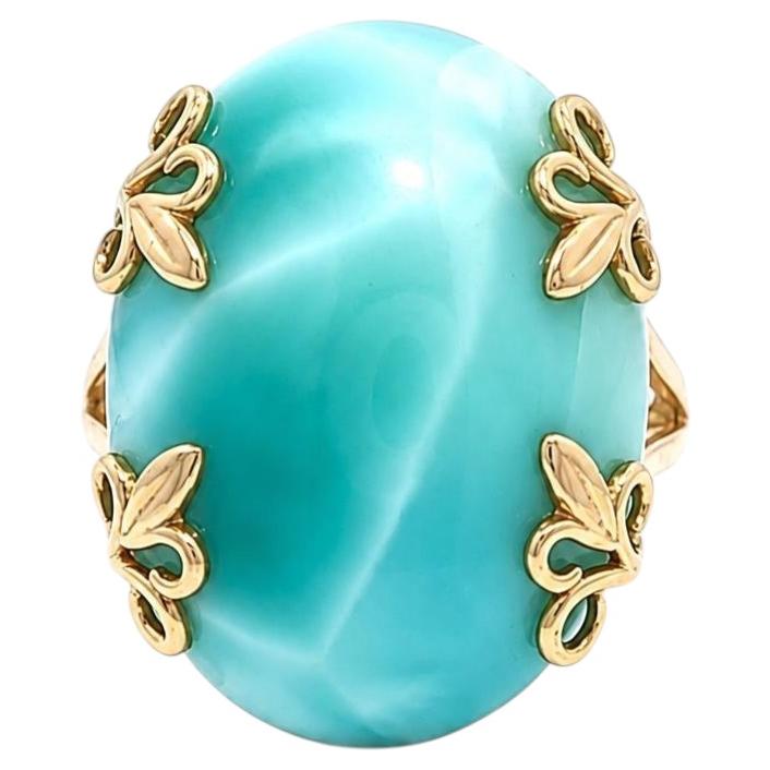 14k Yellow Gold Oval Cabochon Larimar Solitaire Open Leaf Prong Design Ring For Sale