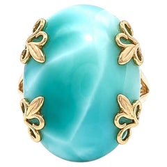 14k Yellow Gold Oval Cabochon Larimar Solitaire Open Leaf Prong Design Ring