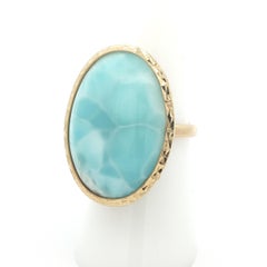 14k Yellow Gold Large Bezel Marbled Sky Blue Larimar Diamond Cut Frame Ring