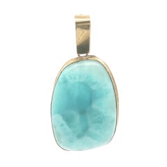 Vintage Handmade Yellow Gold Large Cabochon Larimar Freeform Pendant