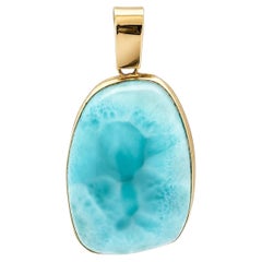 Vintage Handmade Yellow Gold Large Cabochon Larimar Freeform Pendant
