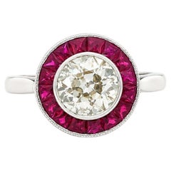 Vintage 18k White Gold 1.80ctw GIA European Diamond French Cut Ruby Halo Ring