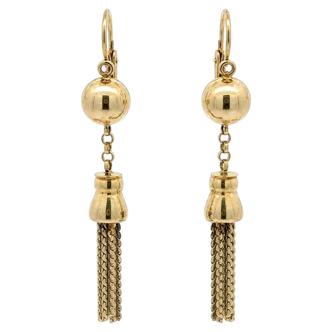 Vintage 14k Solid Yellow Gold Dangle Tassel Front Hook Drop Earrings For Sale