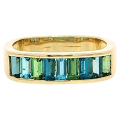 14k Yellow Gold Channel Baguette Aquamarine & Peridot Squared Band Ring