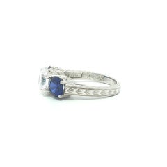 14k Gold Cubic Zirconia Sapphire & Diamonds Wheat Engraving Milgrain Floral Ring