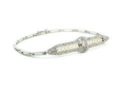 Antique Belle Epoque 18k White Gold Diamond Seed Pearl Center Link Bracelet