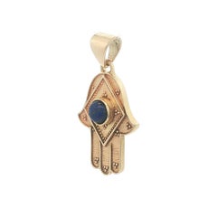 Vintage 14k Yellow Gold Blue Lapis Beaded Hamsa Hand of God Charm Pendant