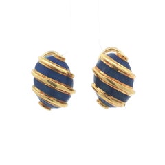 Vintage Tiffany & Co. Schlumberger 18k Gold Blue Enamel Button Clip On Earrings
