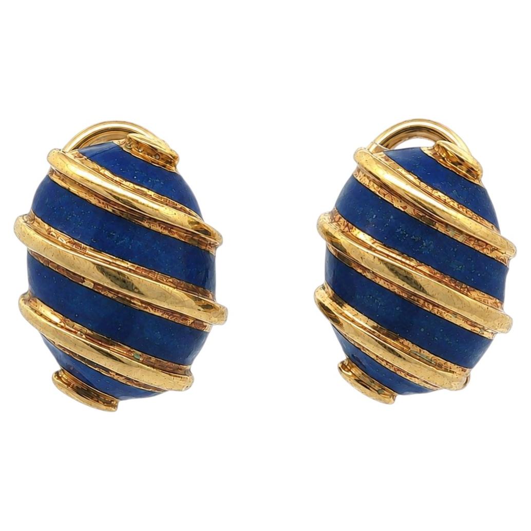 Vintage Tiffany & Co. Schlumberger 18k Gold Blue Enamel Button Clip On Earrings
