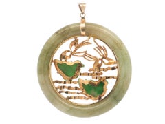 Circle Round Jade Carved Ducks 14k Yellow Gold Water Stream Scene Pendant