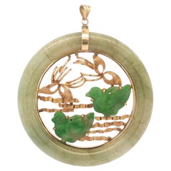 Circle Round Jade Carved Ducks 14k Yellow Gold Water Stream Scene Pendant