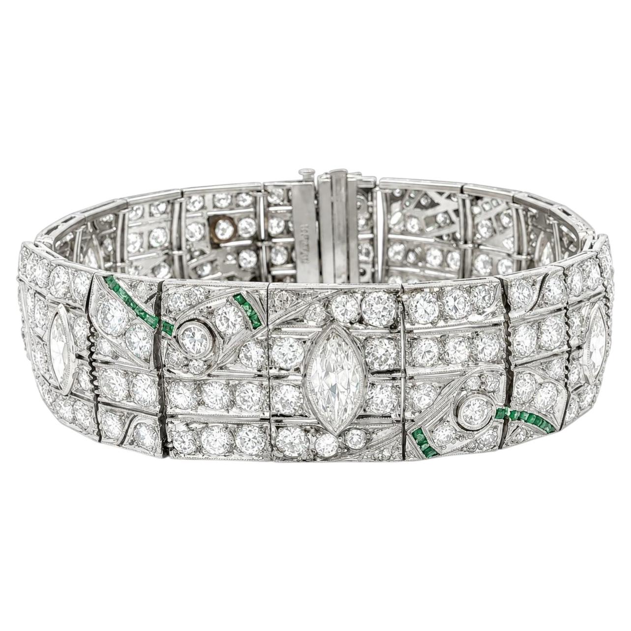 Antique Art Deco Platinum 21.78ctw Diamond & Emerald Covered Statement Bracelet