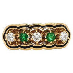 Vintage Yellow Gold Emerald Diamond & Black Enamel Work Saddle Band Ring