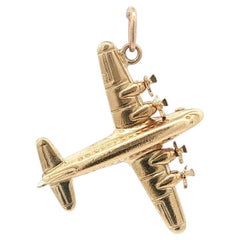 Vintage Solid Gold Detailed Airplane Charm Pendant Spinning Wheels & Propellers