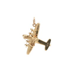 Vintage Solid Gold Detailed Airplane Charm Pendant Spinning Wheels & Propellers