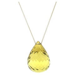 14k Gold Large 42ct Briolette Lemon Quartz Slide Pendant Cable Chain Necklace