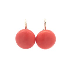 Vintage 14k Yellow Gold 17.7-17.9mm Large Button Cabochon Coral Drop Earrings