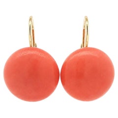 Vintage 14k Yellow Gold 17.7-17.9mm Large Button Cabochon Coral Drop Earrings