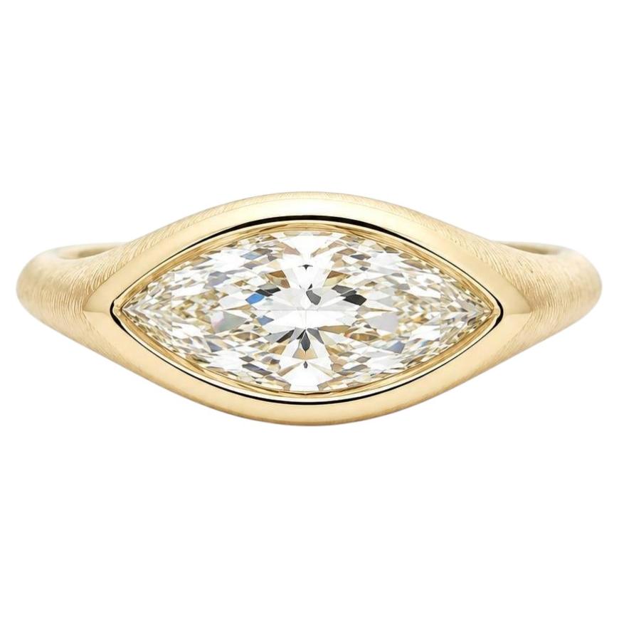 18k Gold 1.02ct GIA Marquise Bezel Diamond East West Solitaire Brushed Ring