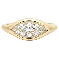 18k Gold 1.02ct GIA Marquise Bezel Diamond East West Solitaire Brushed Ring