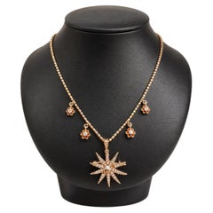 Victorian Gold Old Cut Diamond Buttercup Charms Seed Pearl Star Pendant Necklace