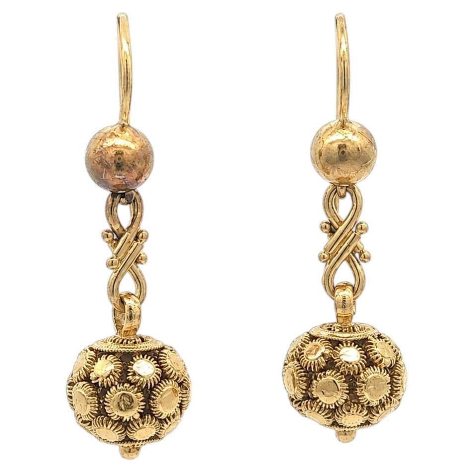 Antique Etruscan Revival 18k+ Yellow Gold Mosaic Drop Ball Dangle Hook Earrings For Sale