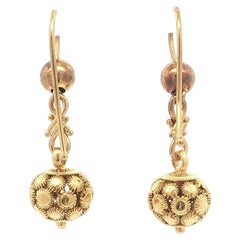 Antique Etruscan Revival 18k+ Yellow Gold Mosaic Drop Ball Dangle Hook Earrings