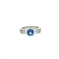 14k White Gold Bright 1.3ctw Cornflower Sapphire Round & Baguette Diamond Ring