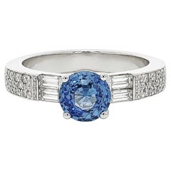 14k White Gold Bright 1.3ctw Cornflower Sapphire Round & Baguette Diamond Ring