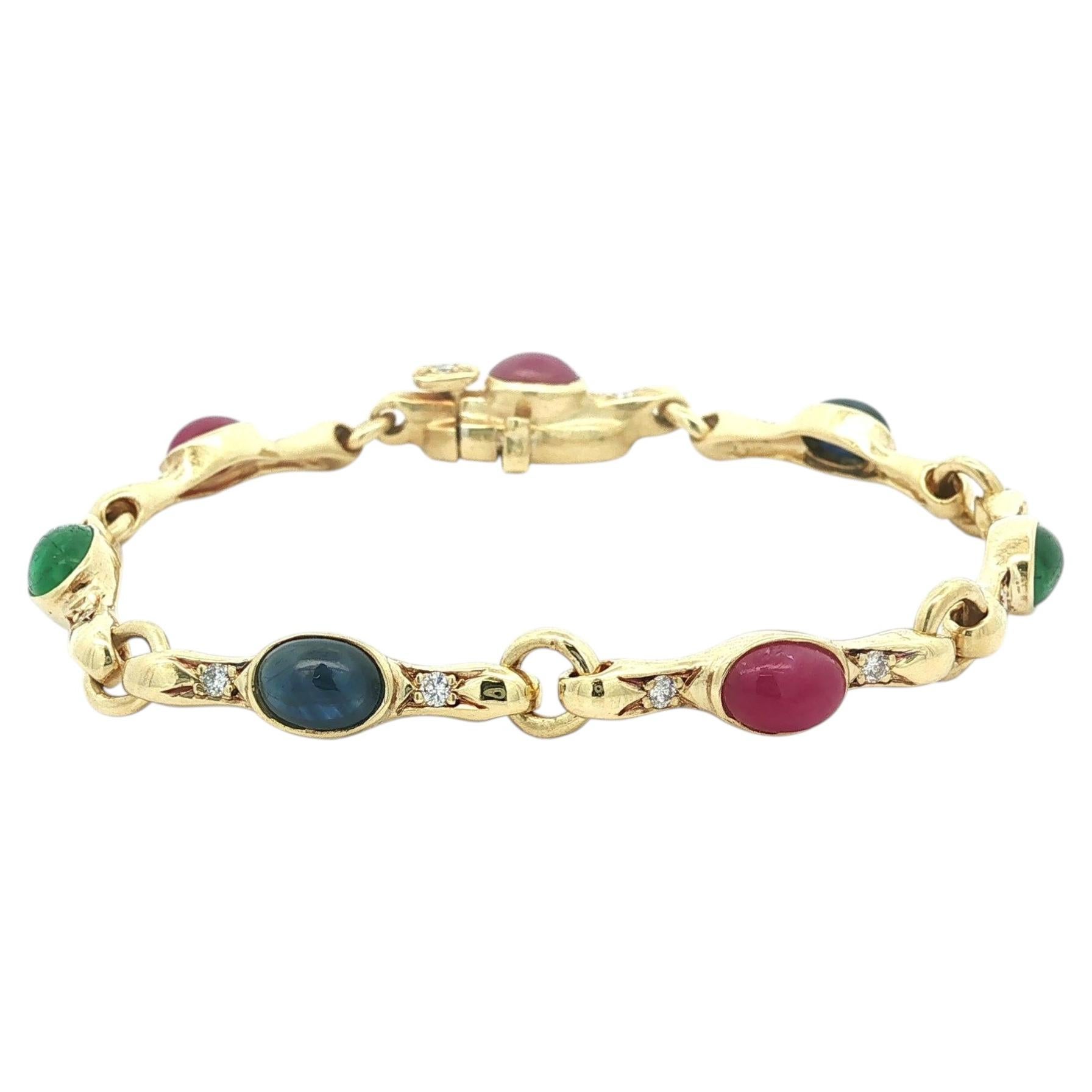18k Yellow Gold Cabochon Bezel Ruby Sapphire Emerald & Diamond Link Bracelet