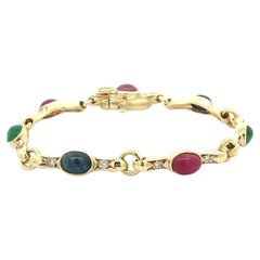 18k Yellow Gold Cabochon Bezel Ruby Sapphire Emerald & Diamond Link Bracelet