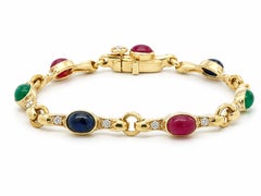 18k Yellow Gold Cabochon Bezel Ruby Sapphire Emerald & Diamond Link Bracelet