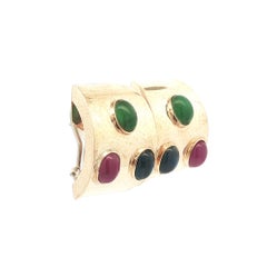 Vintage 14k Yellow Gold Cabochon Bezel Ruby Sapphire Emerald Wide Cuff Earrings
