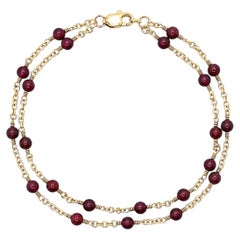 Bracelet vintage à double rangée en or jaune 14 carats, composé de perles rondes en grenat rhodolite