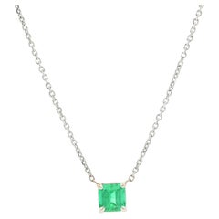 New 14k White Gold .70ct Colombian Emerald Solitaire Pendant Adjustable Chain