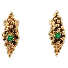Vintage 14k Yellow Gold Emerald Bead Cluster Marquise Shape Stud Earrings