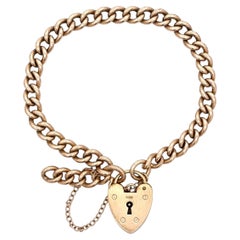Bracciale vittoriano d'epoca in oro giallo rosato 9k con maglie a catena e chiusura a lucchetto a forma di cuore