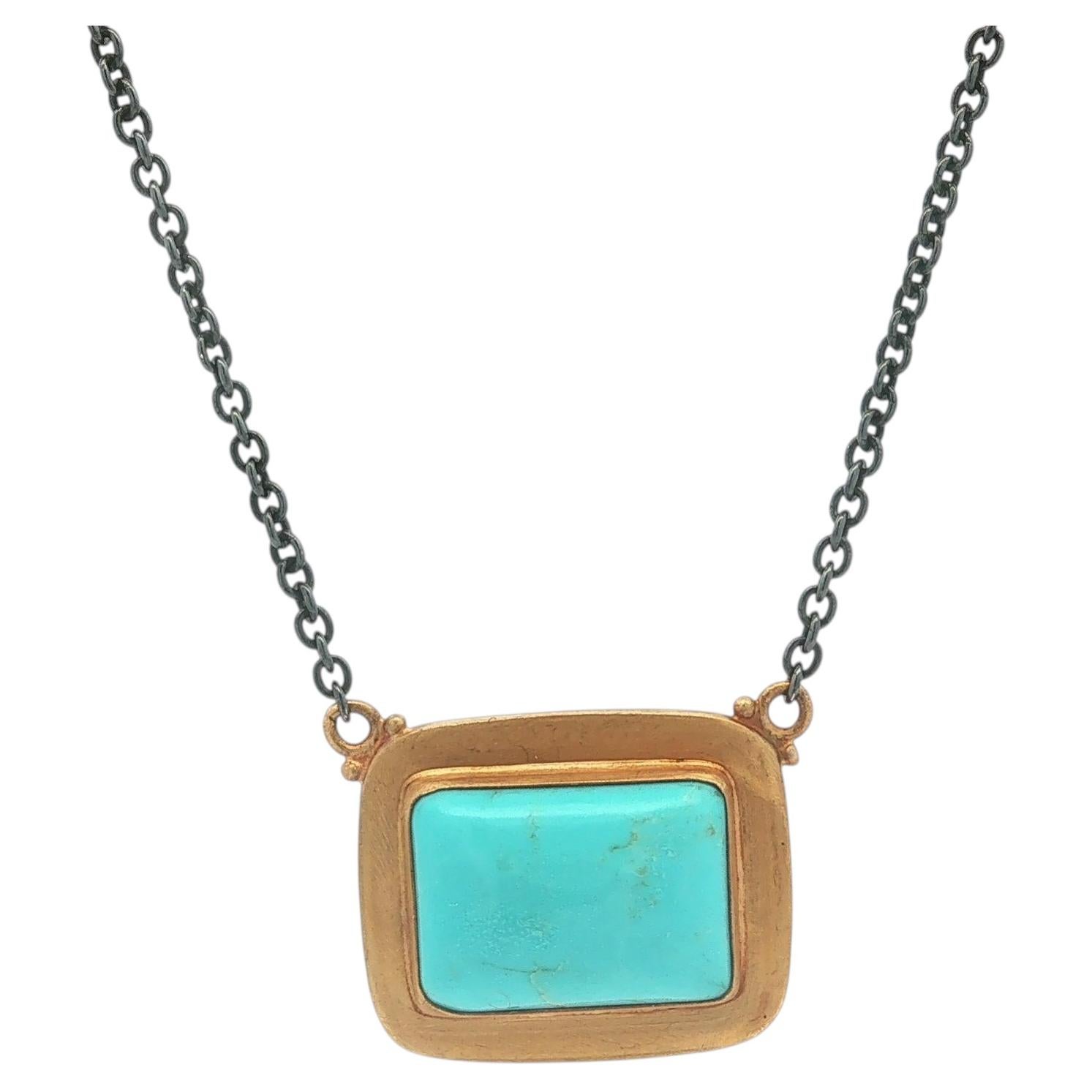 Lika Behar Silver & Gold Turquoise Therapy Pendant Adjustable Chain Necklace For Sale